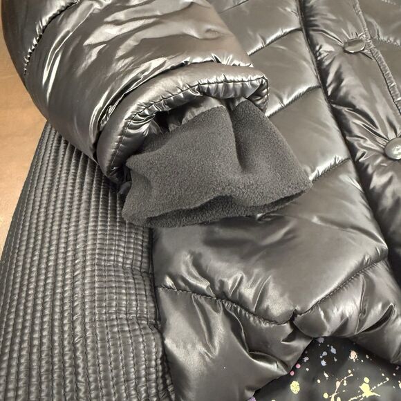 Justice puffer jacket black shimmer water resistant removable hood pockets - Picture 13 of 16